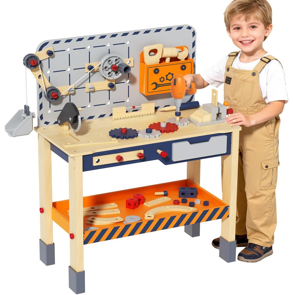 BIERUM Kids Tool Bench - Wooden Kids Tool Set with Electric Drill, Height Adjustable Kids Workbench Playset, Toddler Tool Bench with Realistic Tools, Pretend Construction Toy Gifts for Kid Ages 3-5