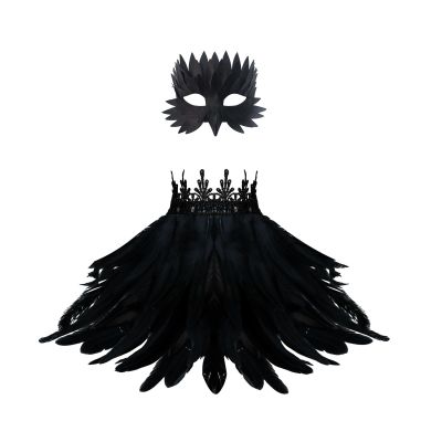 Gothic Black Crow Mask with Feather Shawl,Halloween Raven Feathers Costume for Role-Play Party,Christmas,Masquerad (Black)