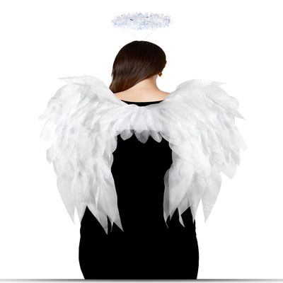 2Pcs Angel Wing with Halo Headband Set,Realistic Halloween Angel Feather Wing Costume for Christmas,Masquerad (White)