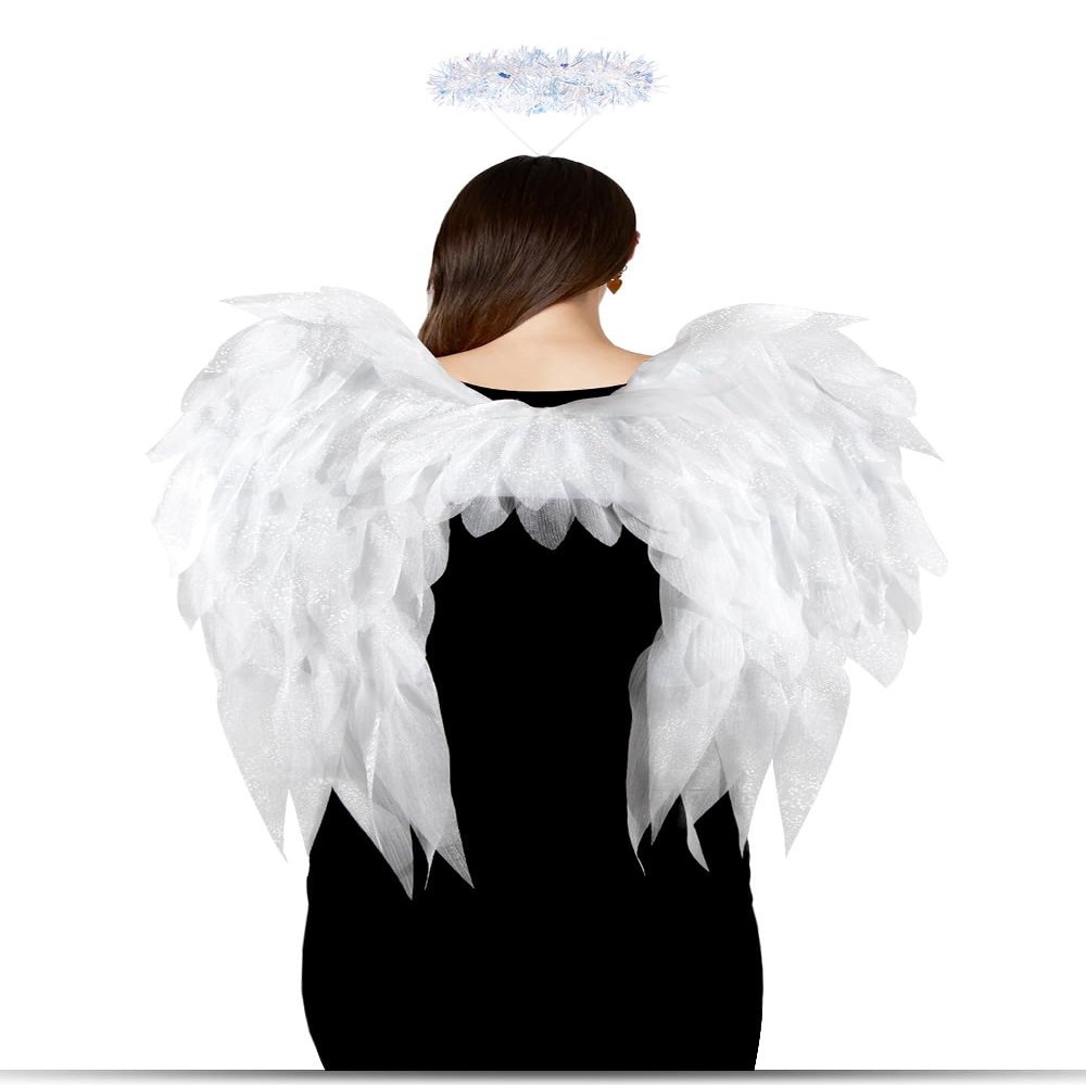 2Pcs Angel Wing with Halo Headband Set,Realistic Halloween Angel Feather Wing Costume for Christmas,Masquerad (White)