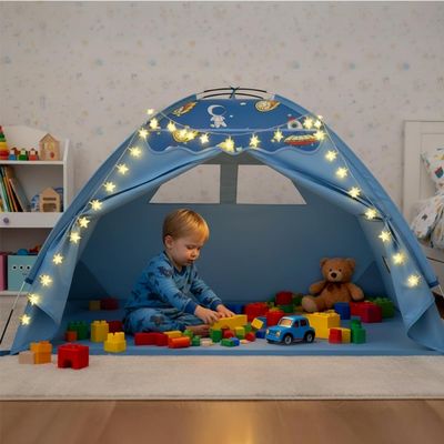 AFUNX Kids Play Tent, Space Theme Tent with Star String Lights, 70" x 45" x 43" Blue Foldable Playhouse for Boys and Girls, Extra Large House for Imaginative Play,Tunnel Port