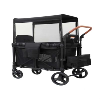 Wagon Stroller for 2 Kids, Double Seater Push Stroller with Canopy & Ventilation Mesh | Push Pull Wagon for Kids with Removable Seat Pads, One-Hand Fold & Large Storage (Black)