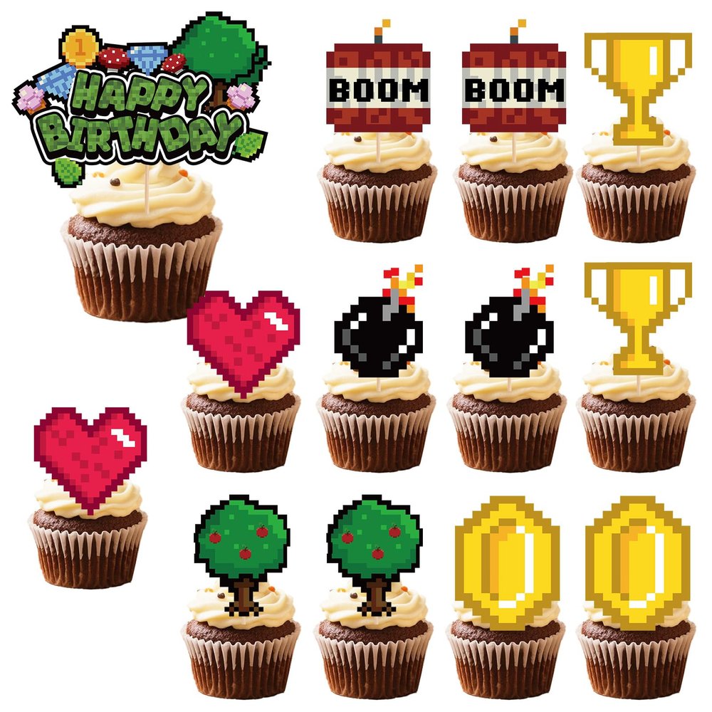 13pcs Pixel Styled Cake Decorations, Cartoon Happy Birthday Cake Cupcake Topper Video Game Themed Party Supplies for Boys Girls Kids