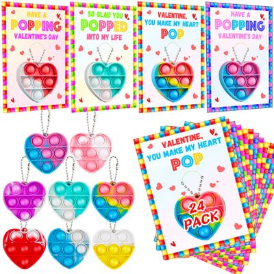 24 Pack Valentines Day Gifts for Kids Classroom with Mini Pop Heart Fidget Toys Keychain, Valentines Day Cards for Kids School, Valentine Exchange Cards for Kid Class Party Favor Toddlers Girls Boys
