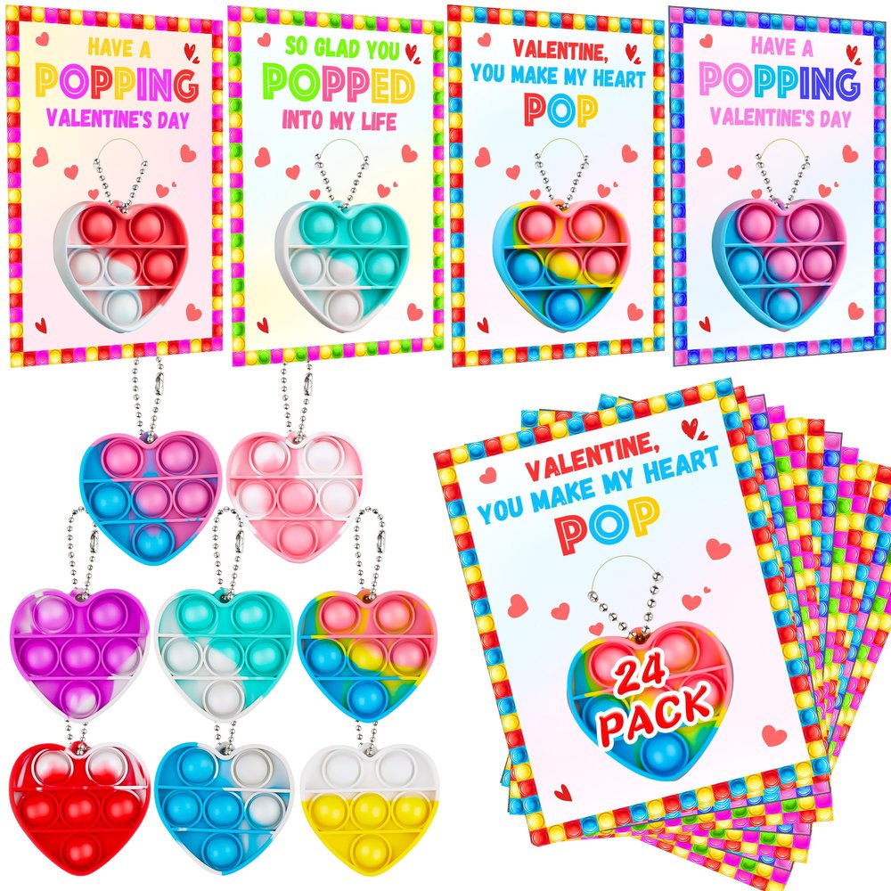 24 Pack Valentines Day Gifts for Kids Classroom with Mini Pop Heart Fidget Toys Keychain, Valentines Day Cards for Kids School, Valentine Exchange Cards for Kid Class Party Favor Toddlers Girls Boys