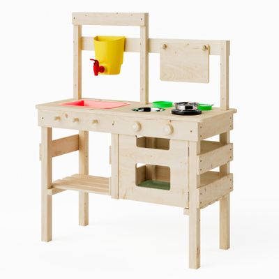 Outdoor Play Kitchen for Kids, Mud Kitchen with Water Faucet, Dual-Sided Chalkboard, Storage Shelves, Cups, Removable Sink, and Pretend Stove Backyard Toddler Playset for Boys and Girls