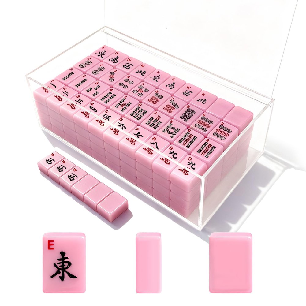 American Mahjong Tiles Set,166 Tiles Game with Acrylic Storage Case,Mahjong Game Set for Adults & Beginners for Game Nights & Easy Storage, Pink