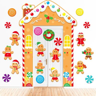 21 PCS Merry Christmas Gingerbread House Door Cover Large Christmas Gingerbread Man Party Covers Banner Ornament Xmas Party Porch Banners Sign Set for Xmas Photo Booth Props Wall Window Stickers Decor