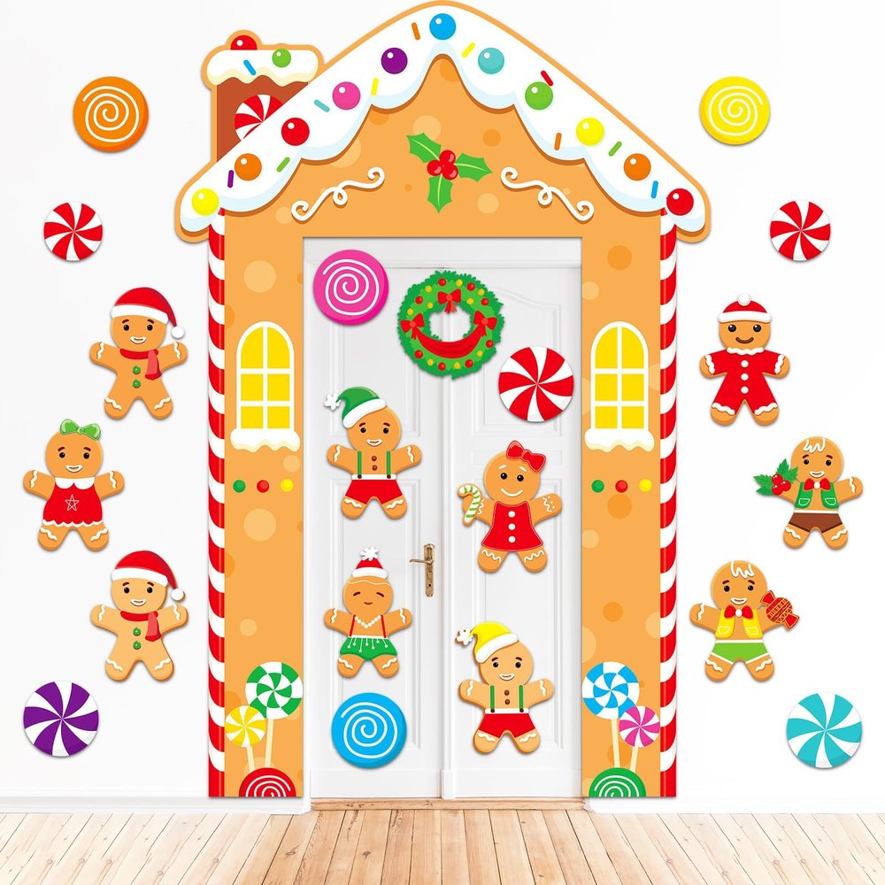 21 PCS Merry Christmas Gingerbread House Door Cover Large Christmas Gingerbread Man Party Covers Banner Ornament Xmas Party Porch Banners Sign Set for Xmas Photo Booth Props Wall Window Stickers Decor