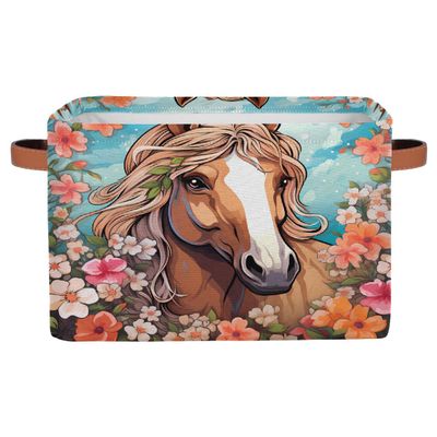 Ethebre Animal Horse Floral Pattern Storage Basket with Leather Handles, Foldable Fabric Storage Bin Large Collapsible Organizer for Clothes Toys Laundry Bathroom Nursery 15x11x9.5 In