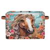 Ethebre Animal Horse Floral Pattern Storage Basket with Leather Handles, Foldable Fabric Storage Bin Large Collapsible Organizer for Clothes Toys Laundry Bathroom Nursery 15x11x9.5 In view 1