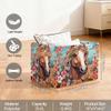 Ethebre Animal Horse Floral Pattern Storage Basket with Leather Handles, Foldable Fabric Storage Bin Large Collapsible Organizer for Clothes Toys Laundry Bathroom Nursery 15x11x9.5 In view 2