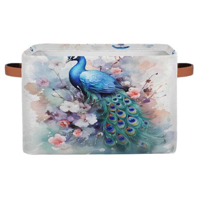 Ethebre Waterocolor Peacock Flowers Storage Basket with Leather Handles, Foldable Fabric Storage Bin Large Collapsible Organizer for Clothes Toys Laundry Bathroom Nursery 15x11x9.5 In