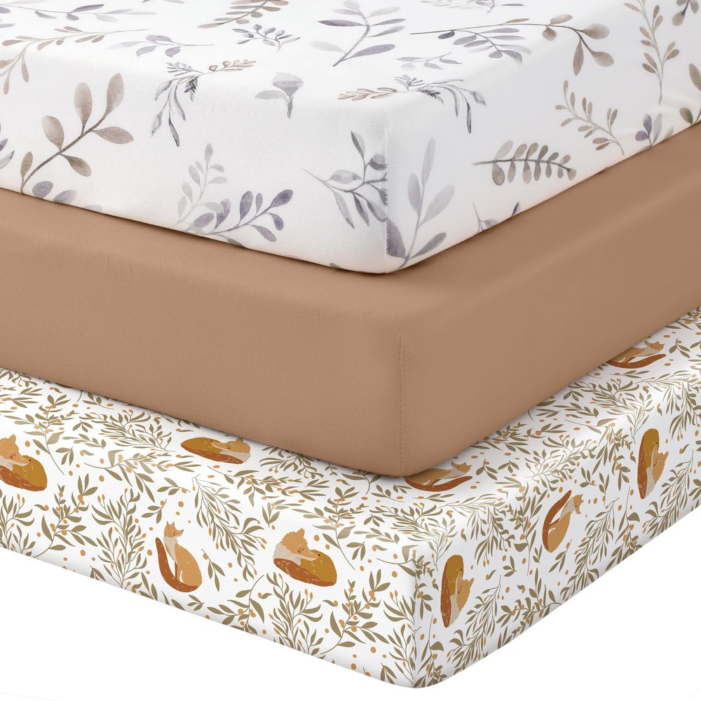 FILLEEP Baby Crib Sheets 3 Pack, Snug Fit Fitted Crib Sheet for Boys Girls, Super Soft Toddler Bed Sheet, Neutral Stretchy Baby Sheet, Breathable & Wrinkle-Resistant, 28x52x8in, White Brown Leaves