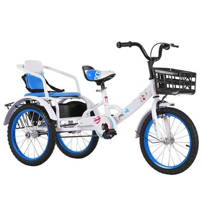Pedal tricycles for Age 3-10,Cruiser Trike with Single Brake,Tandem trikes with Rear Passenger seat,tricycles for Daily Riding,3 Wheels,Rickshaw for Children, White blue-16inch
