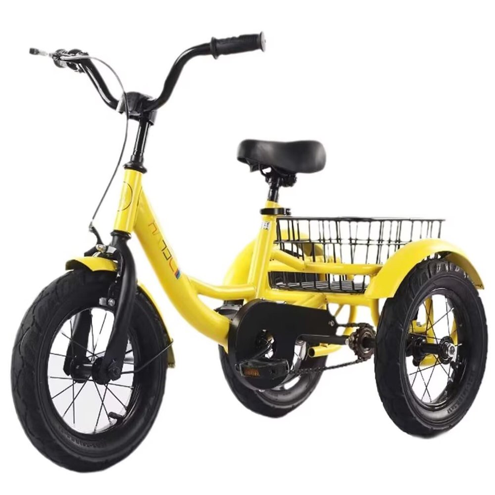 iumLeap 3 Wheels Bicycle with Pneumatic Rubber tire Spoke Wheel,Rickshaw Tricycle with Pedals,Single Brake,Saddle Handlebar Height Adjustable,Cruiser Trike with Large Basket, yellow-12inch