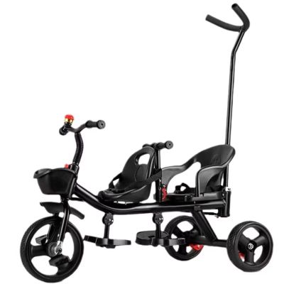 Dual Seats Stroller tricycles,Parent Push Trike with Detachable pushrod,Front seat with Belt,Back seat with armrest and Belt,Rear Wheel with Dual Foot Brakes, Black