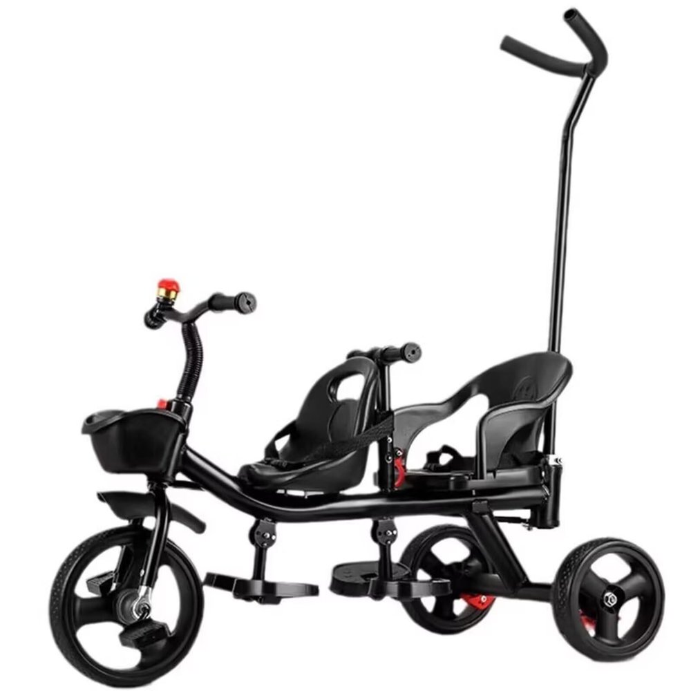 Dual Seats Stroller tricycles,Parent Push Trike with Detachable pushrod,Front seat with Belt,Back seat with armrest and Belt,Rear Wheel with Dual Foot Brakes, Black