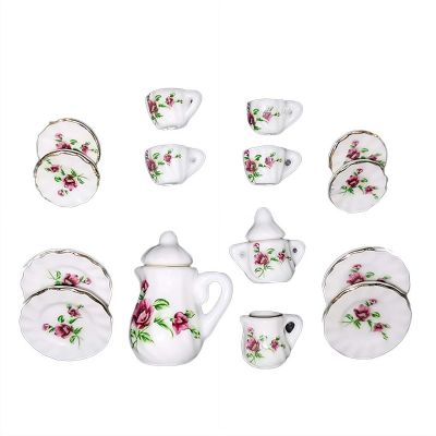 1/12 Miniature Porcelain Tea Set,15Pcs/Set Miniature Tea House Accessories,Mini Teapot Cup Plate Kitchen Accessories