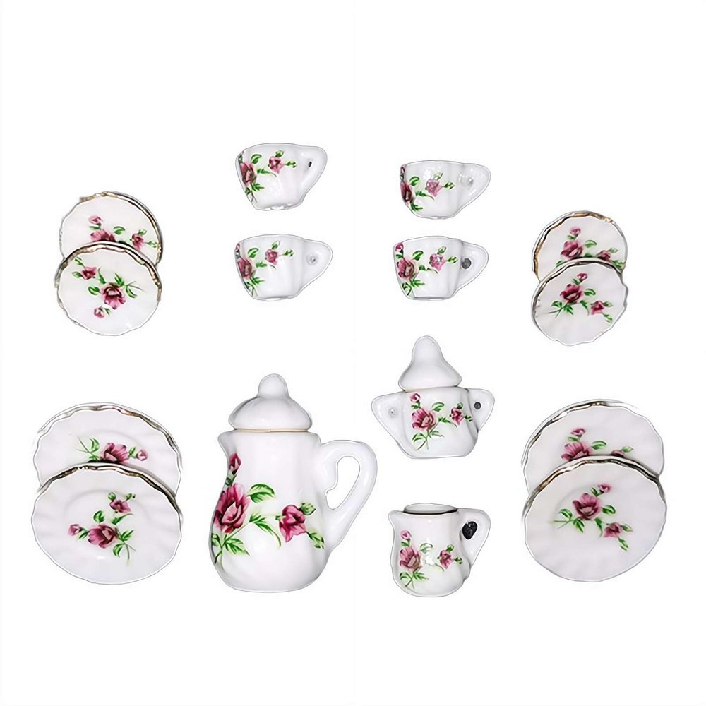 1/12 Miniature Porcelain Tea Set,15Pcs/Set Miniature Tea House Accessories,Mini Teapot Cup Plate Kitchen Accessories