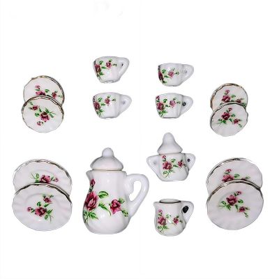 1/12 Miniature Porcelain Tea Set,15Pcs/Set Miniature Tea House Accessories,Mini Teapot Cup Plate Kitchen Accessories