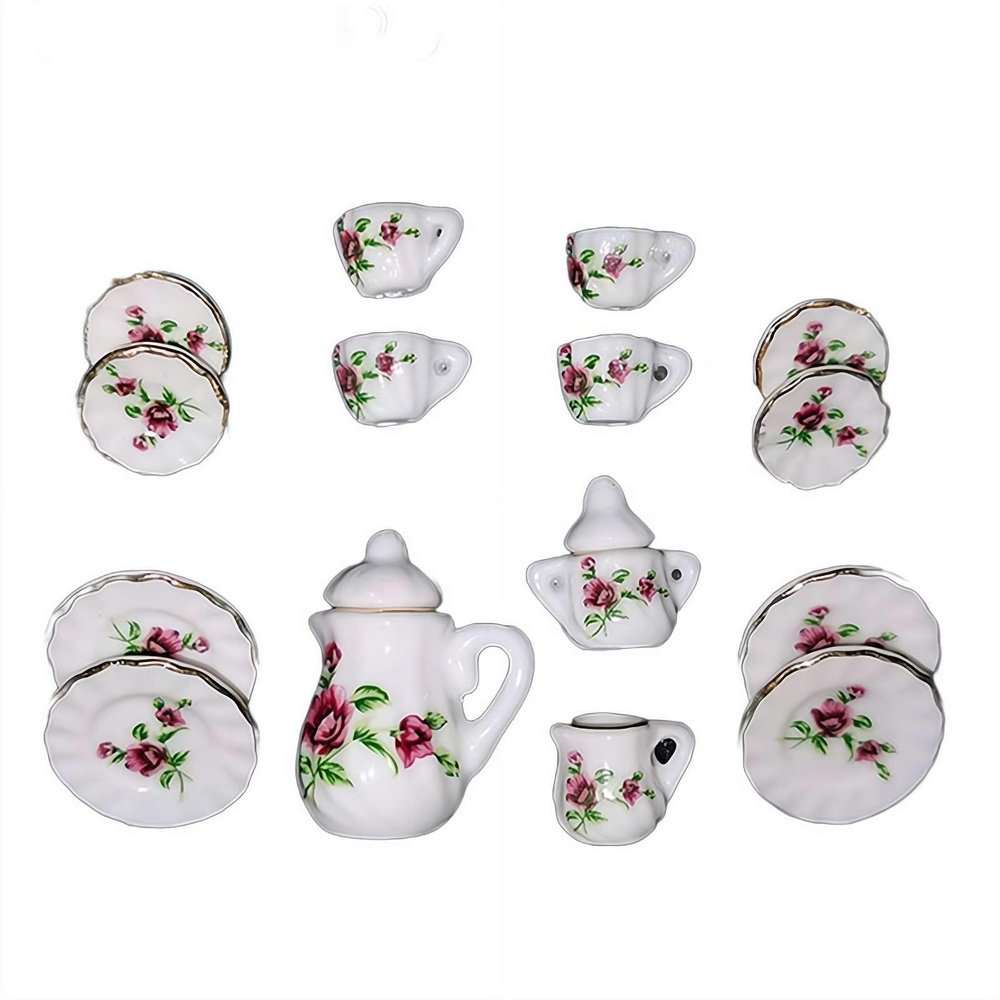 1/12 Miniature Porcelain Tea Set,15Pcs/Set Miniature Tea House Accessories,Mini Teapot Cup Plate Kitchen Accessories