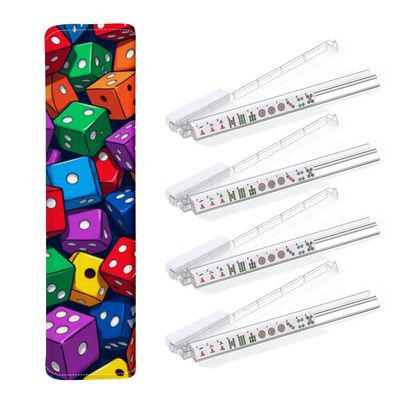 4PCS Mahjong Tile Rack & Pusher with Colorful Pile Red Blue Green Purple Yellow Orange Cubes Game Mahjong Bag, Clear Acrylic All-in-One Tile Racks with Built-in Push Rods for American Mahjong Sets