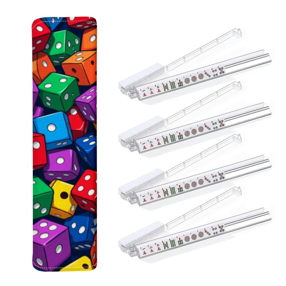 4PCS Mahjong Tile Rack & Pusher with Colorful Pile Red Blue Green Purple Yellow Orange Cubes Game Mahjong Bag, Clear Acrylic All-in-One Tile Racks with Built-in Push Rods for American Mahjong Sets