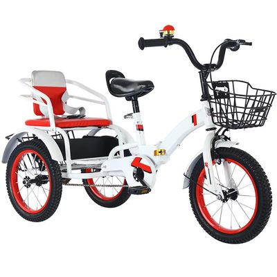 Folding 3-Wheel Tricycle for Kids Aged 5-10,Pedal Trike with Inflatable Wheel,Adjustable Height,Front Rear Baskets,Tandem Bicycle with Rear Passenger seat,Cruiser Bikes,Rickshaw, red-16inch