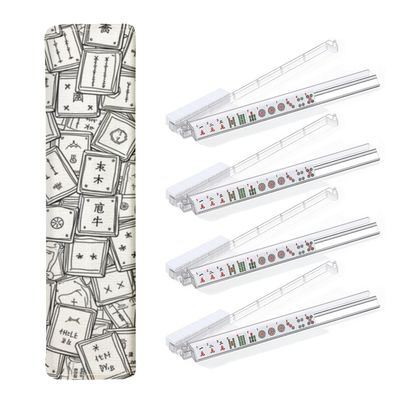 4PCS Mahjong Tile Rack & Pusher with Monochrome Doodle Art Overlapping Rectangular Cards Abstract Mahjong Bag, Clear Acrylic All-in-One Tile Racks with Built-in Push Rods for American Mahjong Sets