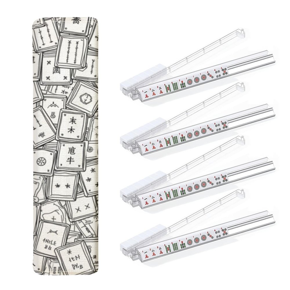 4PCS Mahjong Tile Rack & Pusher with Monochrome Doodle Art Overlapping Rectangular Cards Abstract Mahjong Bag, Clear Acrylic All-in-One Tile Racks with Built-in Push Rods for American Mahjong Sets
