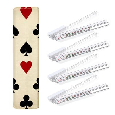 4PCS Mahjong Tile Rack & Pusher with Playing Symbols Hearts Spades Clubs Diamonds Red Black Mahjong Bag, Clear Acrylic All-in-One Tile Racks with Built-in Push Rods for American Mahjong Sets