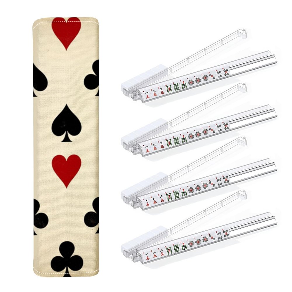 4PCS Mahjong Tile Rack & Pusher with Playing Symbols Hearts Spades Clubs Diamonds Red Black Mahjong Bag, Clear Acrylic All-in-One Tile Racks with Built-in Push Rods for American Mahjong Sets