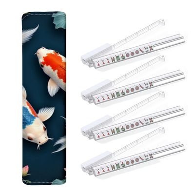 4PCS Mahjong Tile Rack & Pusher with Graceful Fish Pair Lotus Flowers Lily Pads Mahjong Bag, Clear Acrylic All-in-One Tile Racks with Built-in Push Rods for American Mahjong Sets