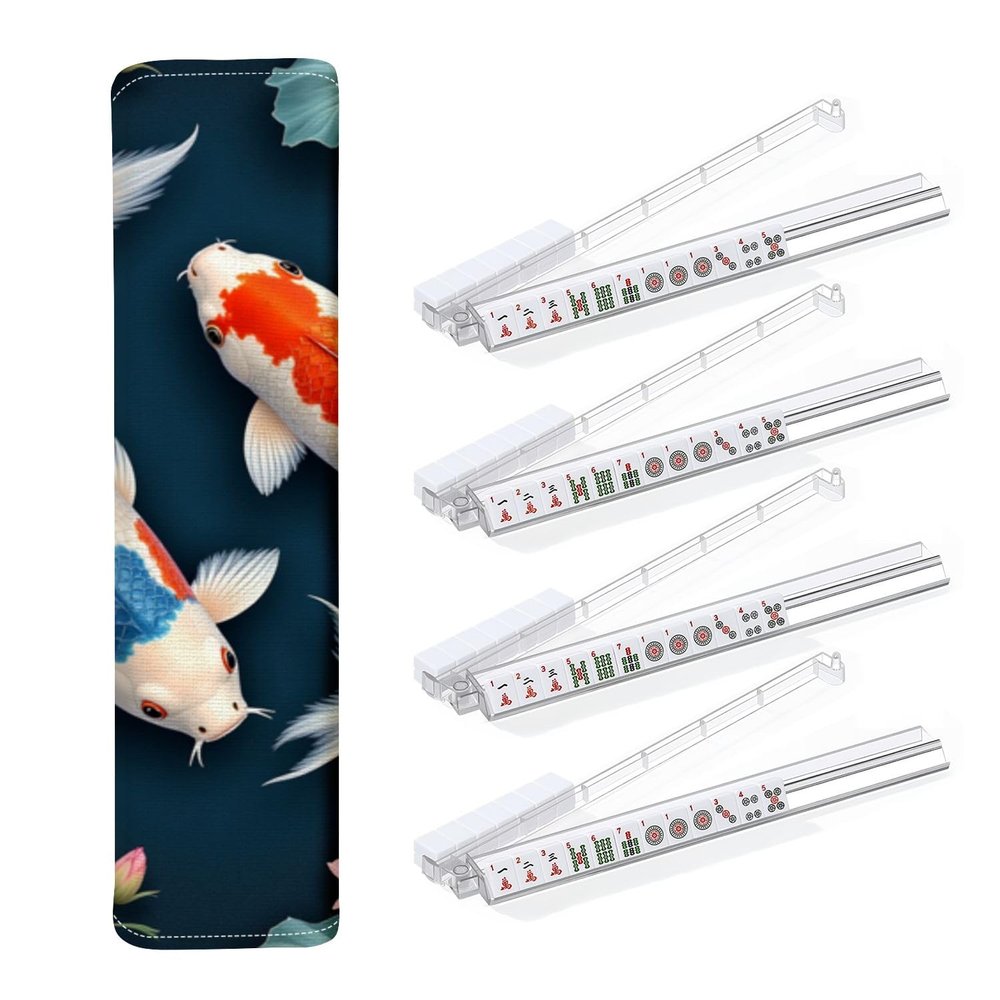 4PCS Mahjong Tile Rack & Pusher with Graceful Fish Pair Lotus Flowers Lily Pads Mahjong Bag, Clear Acrylic All-in-One Tile Racks with Built-in Push Rods for American Mahjong Sets