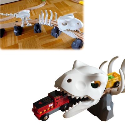 T-Rex Skeleton Train Accessory Movable Head & Tail for Brio & for IKEA & for Hape Wooden Train Sets Fits Standard Tracks Dino Playset for Kids