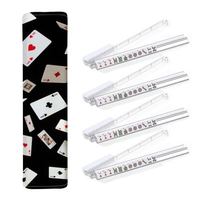 4PCS Mahjong Tile Rack & Pusher with Falling Playing Cards Motion Black Mahjong Bag, Clear Acrylic All-in-One Tile Racks with Built-in Push Rods for American Mahjong Sets