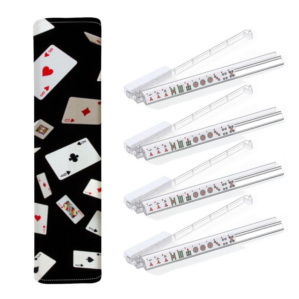 4PCS Mahjong Tile Rack & Pusher with Falling Playing Cards Motion Black Mahjong Bag, Clear Acrylic All-in-One Tile Racks with Built-in Push Rods for American Mahjong Sets