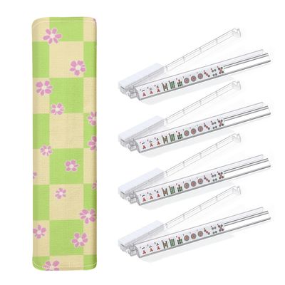 4PCS Mahjong Tile Rack & Pusher with Checkered Pink Green Daisy Flowers Pastel Aesthetic Mahjong Bag, Clear Acrylic All-in-One Tile Racks with Built-in Push Rods for American Mahjong Sets