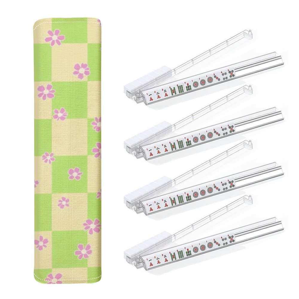 4PCS Mahjong Tile Rack & Pusher with Checkered Pink Green Daisy Flowers Pastel Aesthetic Mahjong Bag, Clear Acrylic All-in-One Tile Racks with Built-in Push Rods for American Mahjong Sets