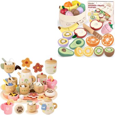 Beberolen Wooden Play Cutting Fruits Toy Food and Wooden Tea Sets for Toddlers 3-5