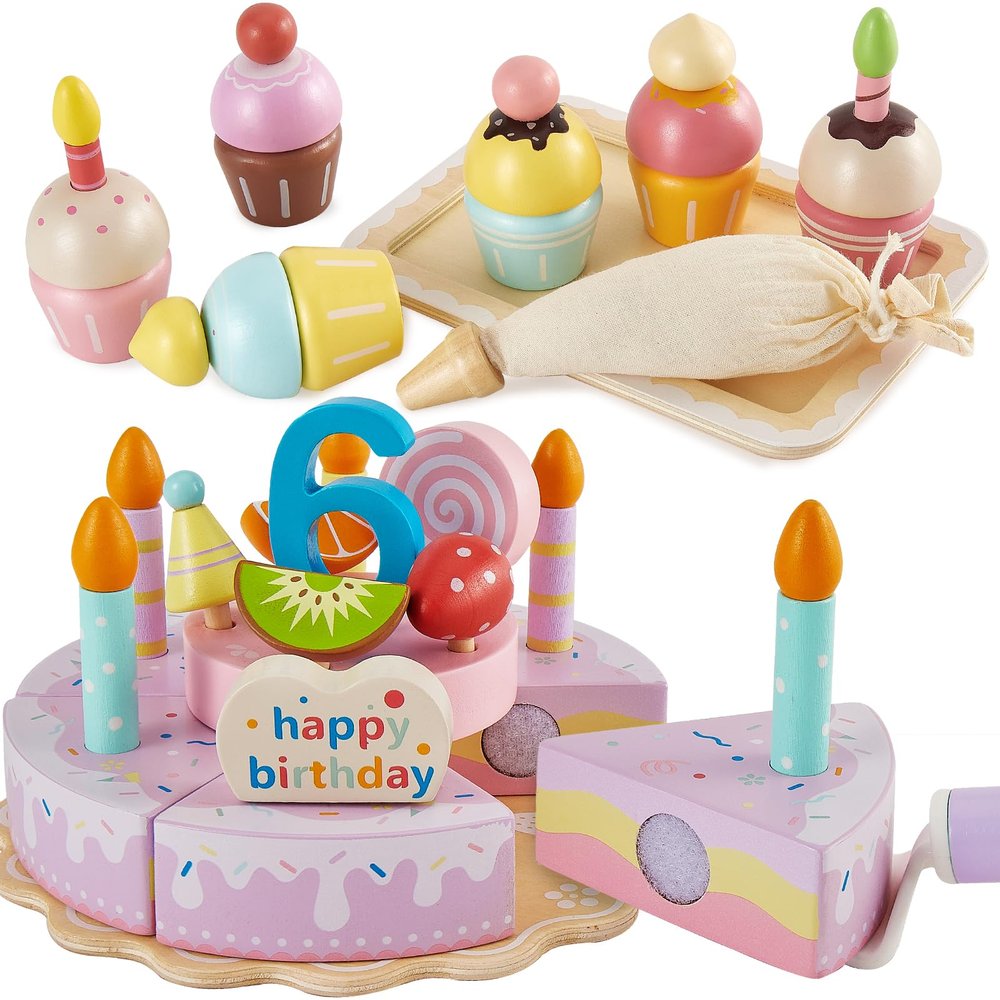 HERSITY Wooden Ice Cream Stand Birthday Cake Toy Play Food Sets Pretend Baking Kitchen Playset for Toddlers,Afternoon Tea Party Gifts for 3 4 5 Years Old Girls Boys