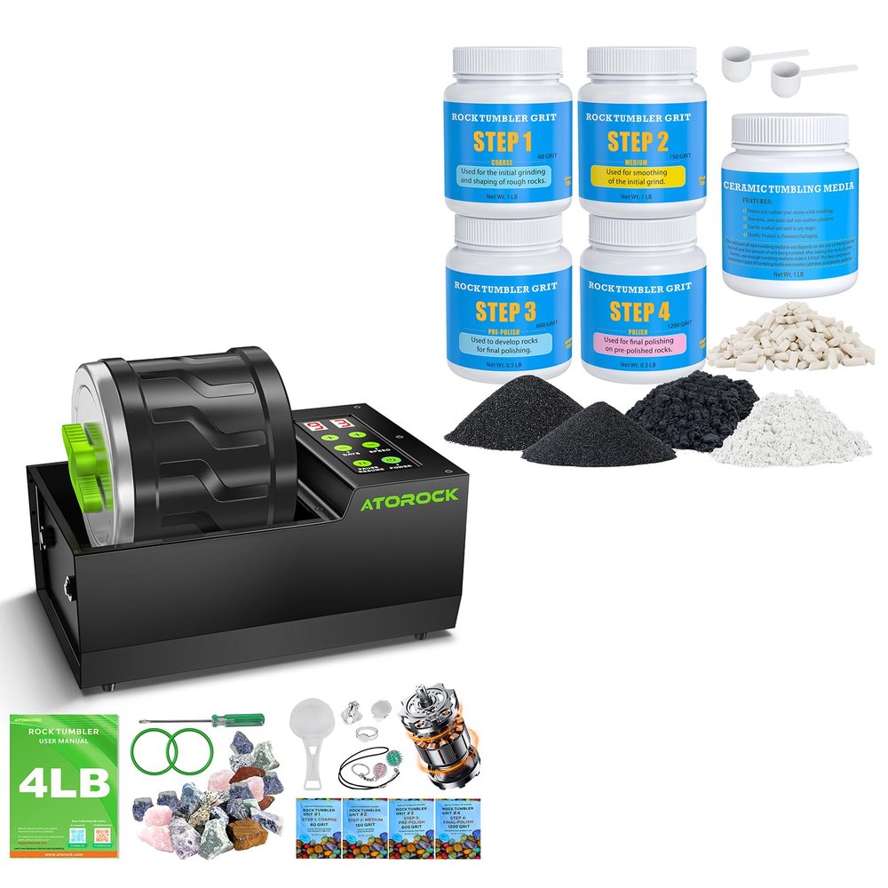 AtoRock Extra Large 4LB Professional Rock Tumbler Kit with 4 LB Rock Tumbler Grit and Polish Refill Media Kit, Included Full Accessories
