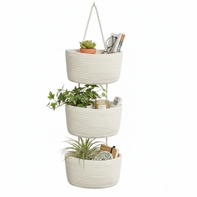 Britwicfr Over the Door Hanging Basket, Decorative Hanging Basket Storage, Organizing, Decorative Boho Decor for Nursery, Bedroom, Living Room with 4 Hooks, Whte