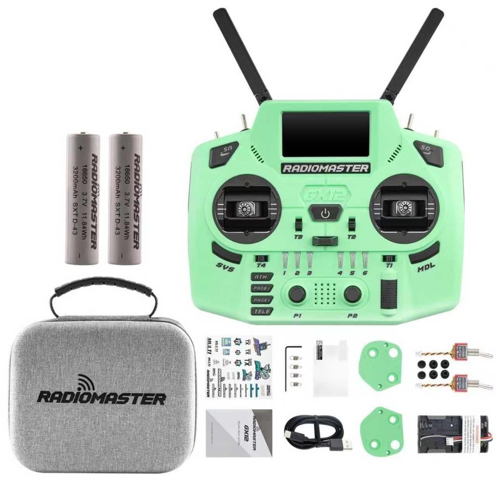 HTLNUZD Radiomaster GX12 Crush ELRS Radio Transmitter - 2.4G Dual 1W, Gemini Xrossband Mode2 (Green+1850)