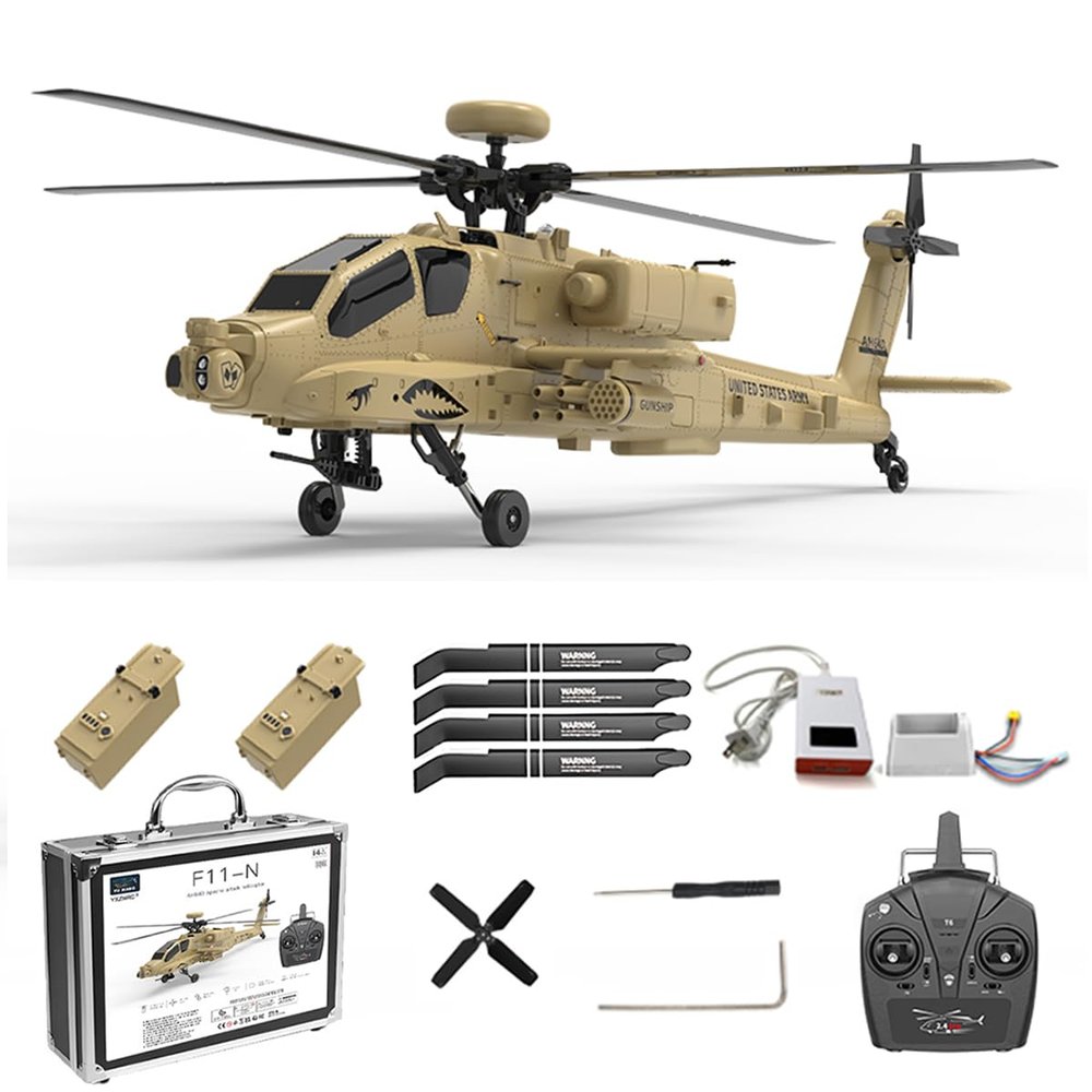 BrickCraftWorks F11-N AH64 1/32 Scale RC Helicopter, 6CH 3D Stunt Flight with Optical Flow Altitude Hold & Dual Brushless Motors, Remote Control Military Airplane for Adults Beginners