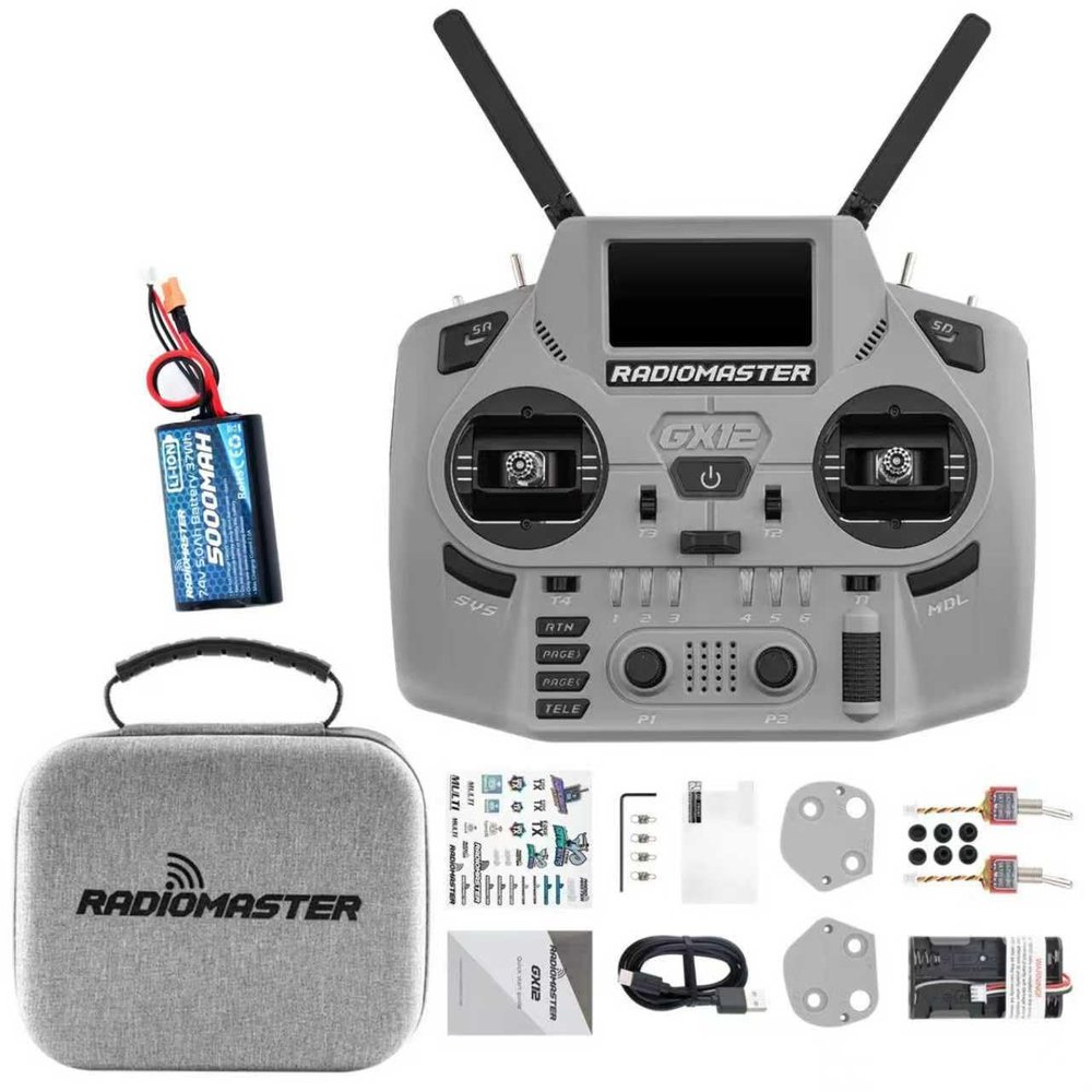 HTLNUZD Radiomaster GX12 Crush ELRS Radio Transmitter - 2.4G Dual 1W, Gemini Xrossband Mode2 (Grey+5000mah)
