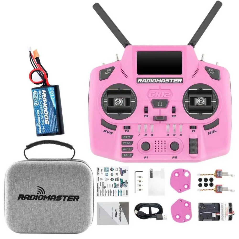 HTLNUZD Radiomaster GX12 Crush ELRS Radio Transmitter - 2.4G Dual 1W, Gemini Xrossband Mode2 (Pink+5000mah)