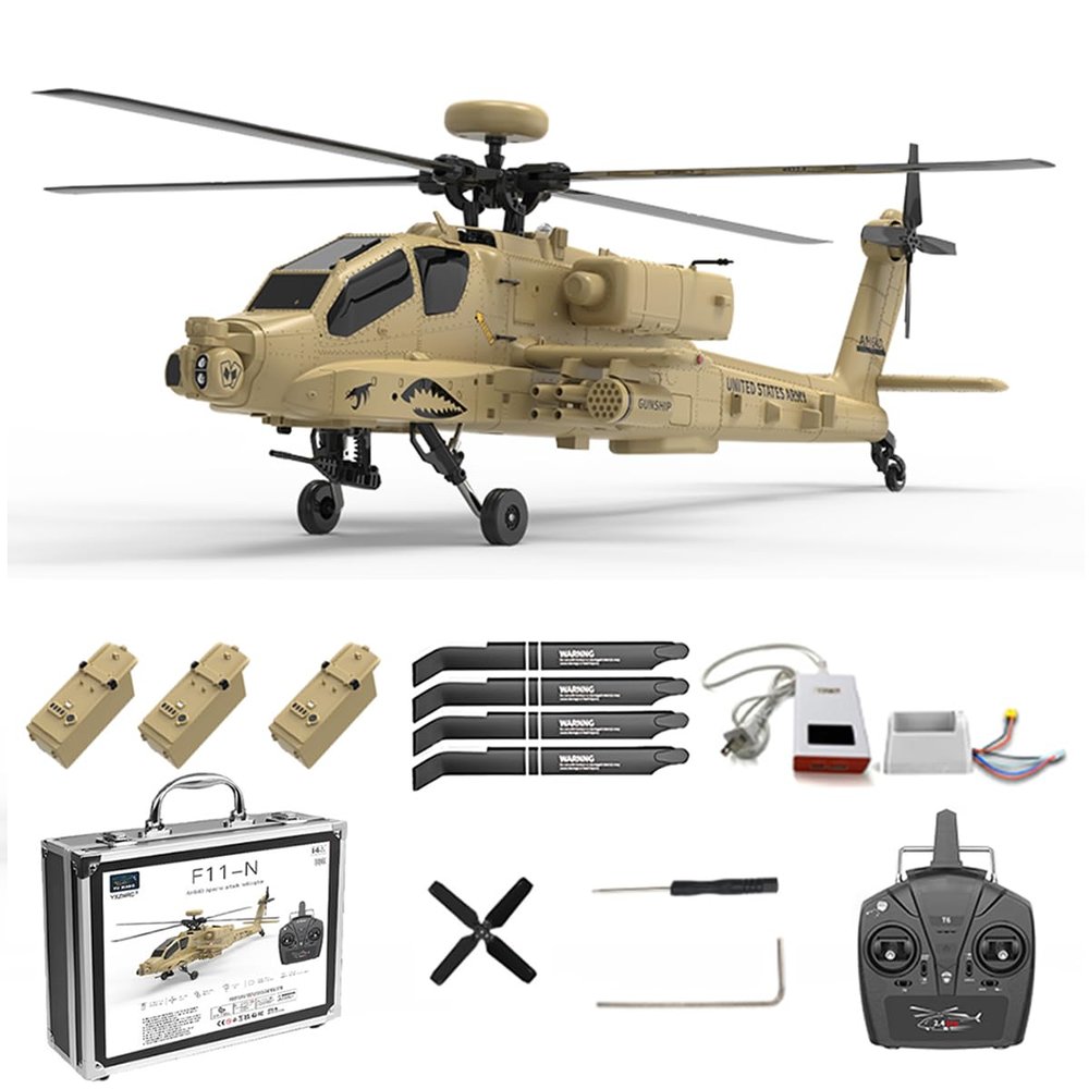 BrickCraftWorks F11-N AH64 1/32 Scale RC Helicopter, 6CH 3D Stunt Flight with Optical Flow Altitude Hold & Dual Brushless Motors, Remote Control Military Airplane for Adults Beginners