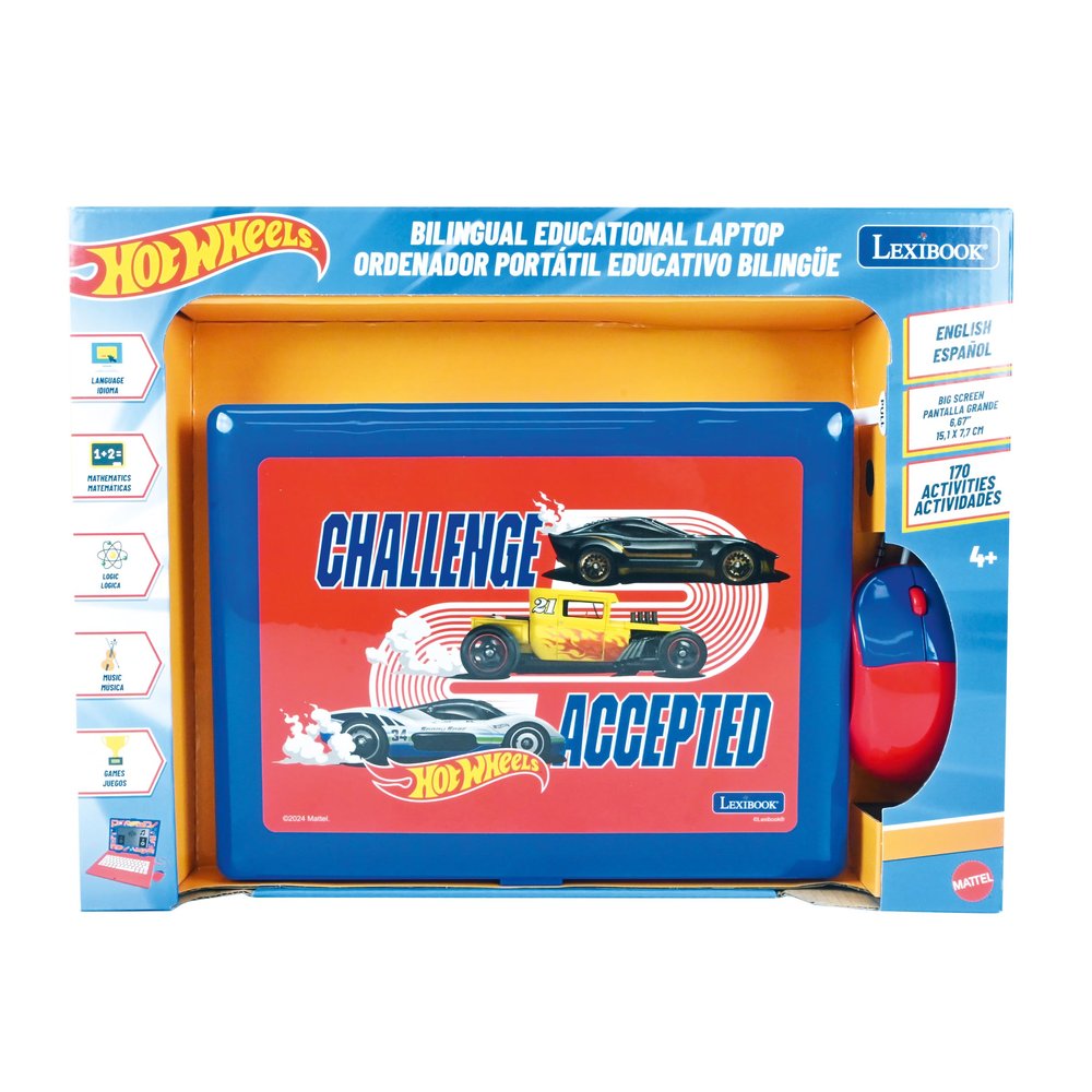 Lexibook, Hot Wheels, Bilingual and Educational Laptop English/Spanish - Toy for Children, 170 Activities to Learn, Play Games and Music, Large Screen, JC599HWi2